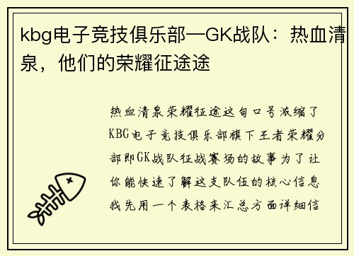 kbg电子竞技俱乐部—GK战队：热血清泉，他们的荣耀征途途